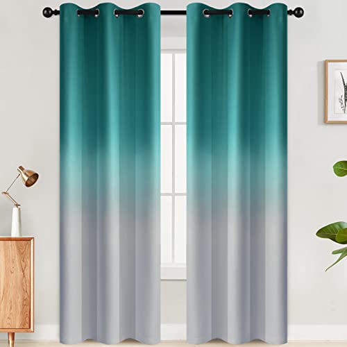 Teal to Grey White Ombre Room Darkening Curtains 84 Inch (42"W x 84"L (Pack of 2) / Teal to Grayish White)