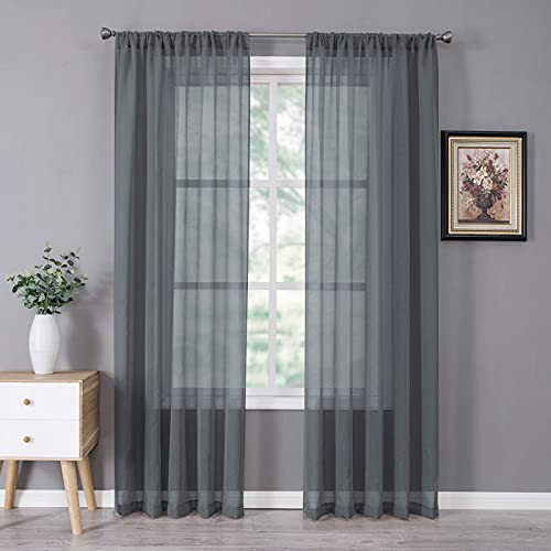 Sheer Curtains Linen Textured Bedroom Curtain Sheers Light Filtering Rod Pocket Voile Curtains for Living Room (54"W x 84"L (Pack of 2) / Dark Grey)