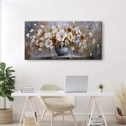 Flower Wall Art Vintage Floral Canvas Prints for Living Room Rustic Farmhouse Still Life Pictures Botanical Flowers Paintings Poster Modern Neutral Artwork for Bathroom Kitchen Decoration 24x48" (48"L x 24"W / White Flower)