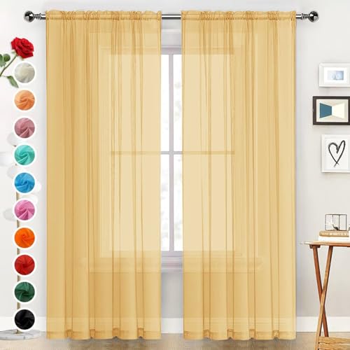 Basic Rod Pocket Sheer Voile Window Curtain Panels Gold 1 Pair 2 Panels 52 Width 72 Inch Long for Kitchen Bedroom Children Living Room Yard（Gold (Gold / 52"W x 72"L (Pack of 2))