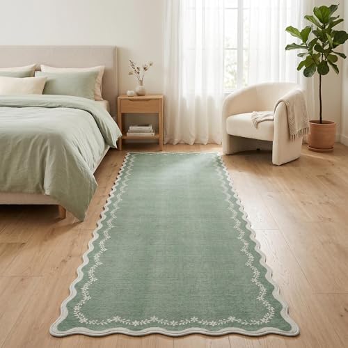 2.5x8 Scalloped Washable Runner Rug Non Slip Hallway Kitchen Rug (Sage Green / 2'6" x 8' (Rectangular))