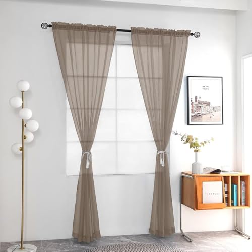 Solid Sheer Rod Pocket Curtain Voile Draperies 2 Panels White Beige Black Grey Ivory 52 Inch Width 90 Inch Long 1 Pair for Kitchen Bedroom Children Living Room Yard (Taupe / 52"W x 90"L (Pack of 2))