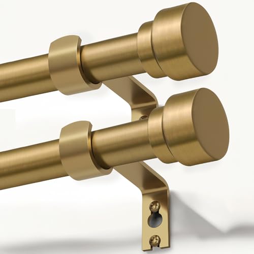 2 Pack Warm Gold Curtain Rods for Windows 48 to 84 Adjustable Length Heavy Duty 1" Diameter Brass Window Curtain Rod with Solid Metal Finials for Outdoor Farmhouse Bedroom Kitchen Living Room (Warm Gold / 16"-88"|2 Pack)