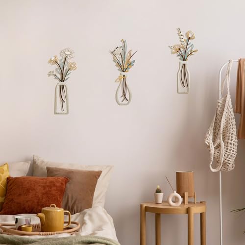 3 Pieces Metal Flowers Wall Art (Beige Gold)