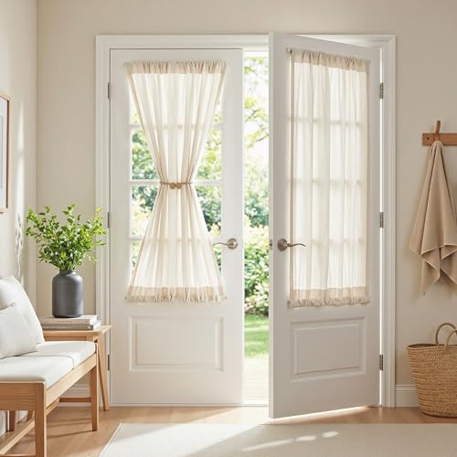 Linen French Door Curtains for Door Window 40 Inch Length 2 Panels Semi Sheer Light Filtering Curtain for Glass Small Window Drapes Rod Pocket for Bedroom Bathroom (26"W x 40"L (Pack of 2) / Natural Linen)