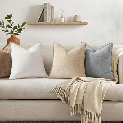 Chenille Beige Velvet Throw Pillow Covers 18x18 Set of 2 (Natural Beige / 18" x 18" (Pack of 2))