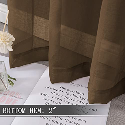 Short Sheer Curtains Linen Textured Bedroom Curtain Sheers Light Filtering Rod Pocket Voile Curtains for Living Room (54"W x 45"L (Pack of 2) / Brown)