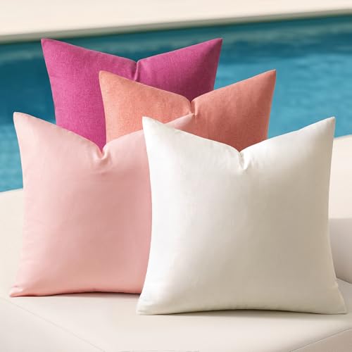 Pack of 4 Decorative Outdoor Throw Pillow Covers Linen Waterproof Pillow Covers Summer Farmhouse Cushion Cases for Patio Garden Tent Balcony Couch Sofa 18x18 Inch Pink (18" x 18" (Pack of 4) / Pink)