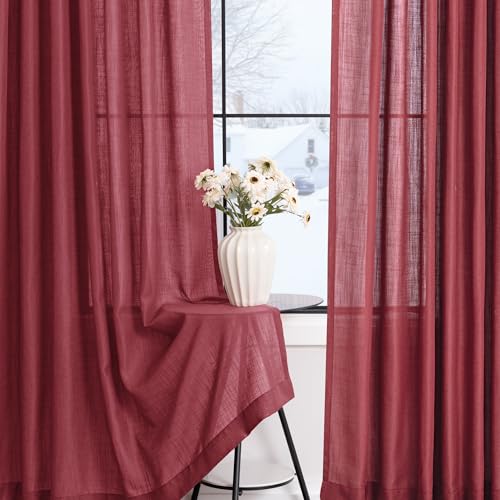 Burgundy Curtains for Living Room Back Tab Modern Farmhouse Semi Sheer Burgundy Curtains 120 inches Long 2 Panels Set Muted Neutral Window Curtain for Dining Room Bedroom 52x120 (Burgundy / 52"W x 120"L (Pack of 2))