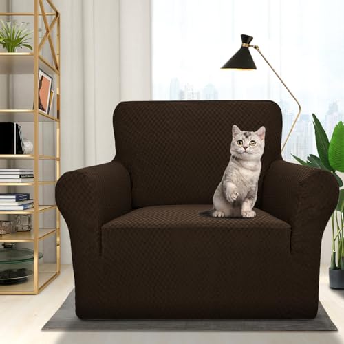 1 Piece Jacquard Chair Slipcovers for Living Room High Stretch Chair Covers with Arms Anti Slip Pets Friendly Couch Sofa Armchair Cover Furniture Protector (Small (31"-46") / Dark Coffee)