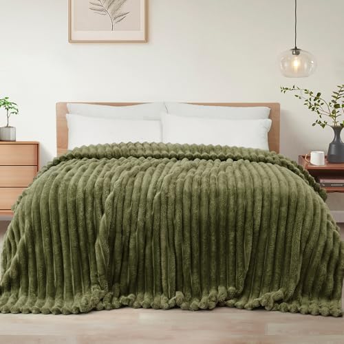 Striped Twin Size Fleece Blanket for Bed (Olive Green / Twin ( 60x80 IN ))