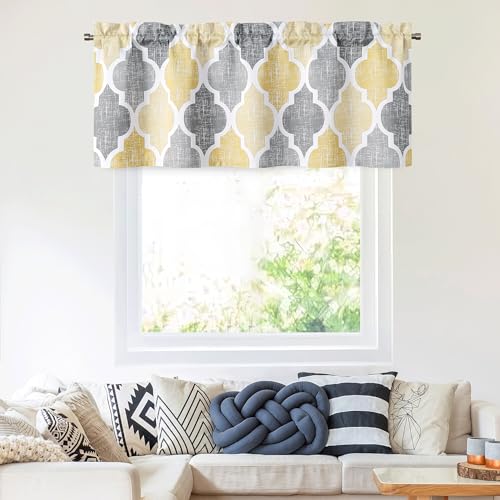 Moroccan Valance Curtains Kitchen Cafe Yellow Grey 52x18 1 Panel (Rod Pocket | Yellow and Grey / 50"W x 18"L (Pack of 1))