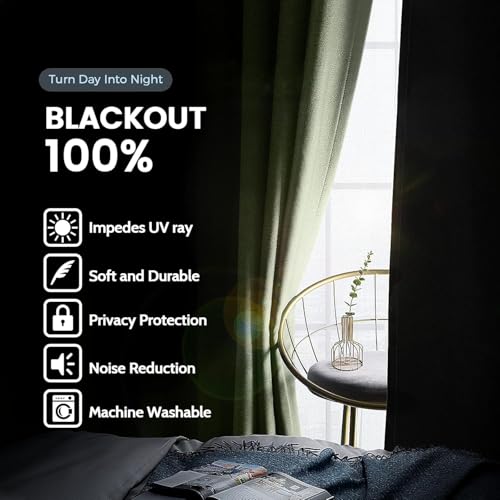 Sage 100% Blackout Curtains Room Darkening Living Room 54 Inch (Sage / 52"W x 54"L (Pack of 2))
