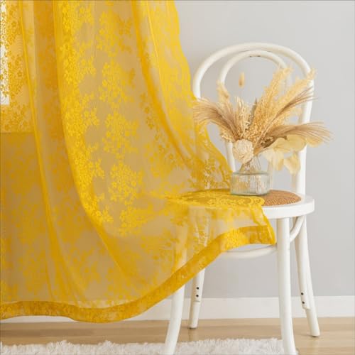 Vintage Lace Curtains 84 Inches Long (Mustard Yellow / 52"W x 84"L (Pack of 2))