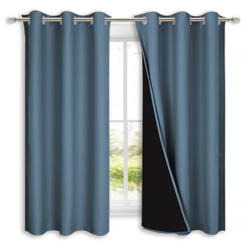 100% Blackout Short Curtains with Black Liners (Smoky Blue / 37"W x 50"L (Pack of 2))