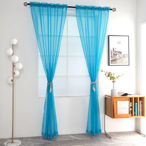 Basic Rod Pocket Sheer Voile Window Curtain Panels Cyan Blue 1 Pair 2 Panels 52 Width 36 Inch Long for Kitchen Bedroom Children Living Room Yard（Cyan Blue (Cyan Blue / 52"W x 36"L (Pack of 2))