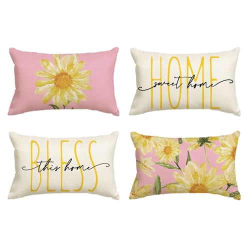 Home Sweet Home Spring Summer Flowers Pink Throw Pillow Covers (Pink&white / 20" x 12" (Pack of 4))