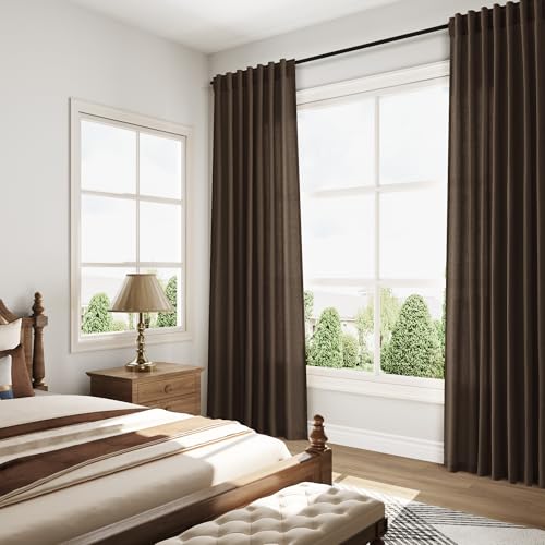 Chocolate Linen Curtains 84 Inch Length 2 Panels Set for Living Room Back Tab Light Filtering Semi Sheer Curtain for Bedroom Farmhouse Drapes (52"W x 84"L (Pack of 2) / Chocolate)