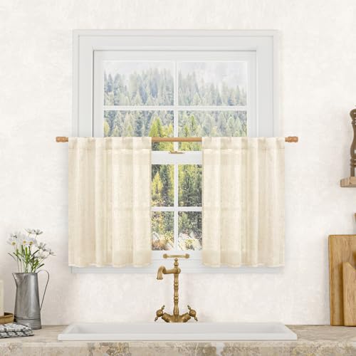 Beige Semi Sheer Linen Curtains 24 Inch Length for Cafe (Beige / 25"W x 24"L (Pack of 2))