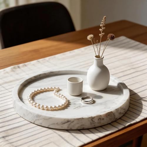 Natural Marble Decorative Tray for Bathroom Bedroom Kitchen Dresser (Natural White / 9.4")