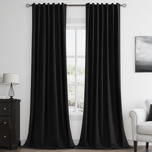 Black 100% Blackout Linen Curtains 102 Inch Length 2 Panels Set for Living Room Bedroom Back Tab Thermal Insulated Black Out Drapes Room Darkening Window Curtains (Black Linen / 52"W x 102"L (Pack of 2))