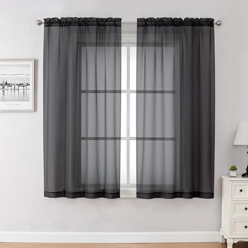 Black Sheer Curtains 45 Inches Length 2 Panels (Black / 42"W x 45"L (Pack of 2))