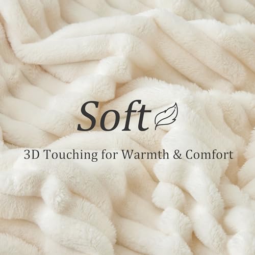 Ribbed Fleece Throw Blanket for Couch (Cream / Throw(50"x60"))