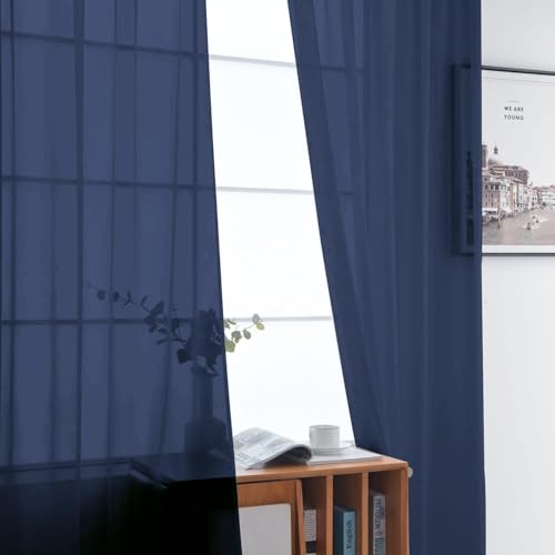 Sheer Voile Window Treatment Rod Pocket Curtain Panels for Kitchen Bedroom Living Room Drapes Sunlight Filtering Privacy Semi Home Decor Assorted Colors Sizes (Navy / 52"W x 90"L (Pack of 2))