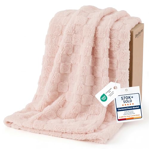 Checkered Fleece Throw Blankets for Bed (Light Pink / Throw XL (50" X 70"))