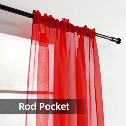 Solid Sheer Rod Pocket Curtain Voile Draperies 2 Panels White Beige Black Grey Coffee 60 Inch Width 108 Inch Long 1 Pair for Kitchen Bedroom Children Living Room Yard (Red / 60"W x 108"L (Pack of 2))