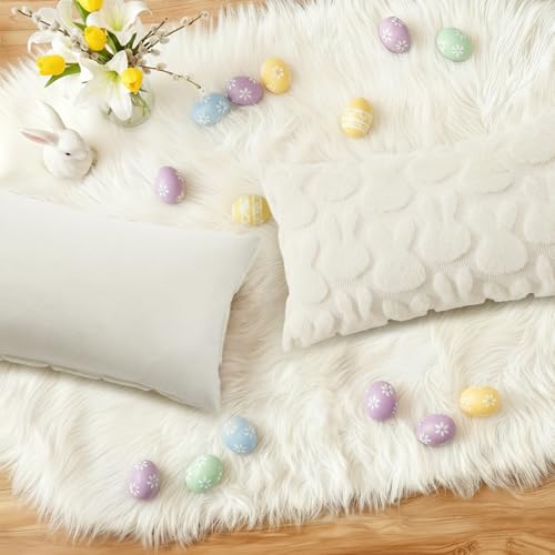 Cream White Faux Fur Bunny Throw Pillow Covers 12x20 Set of 2 (20" x 12" (Pack of 2) / Rabbits Cream White)