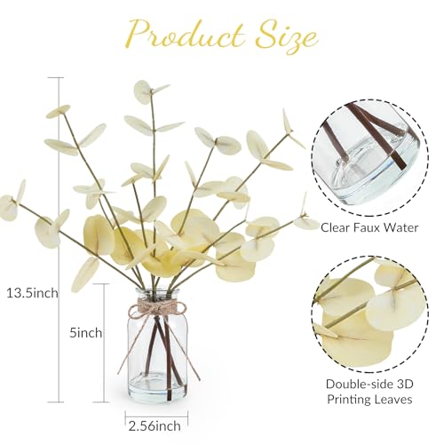 Artificial Eucalyptus Stems in Glass Vase with Faux Water (Beige)