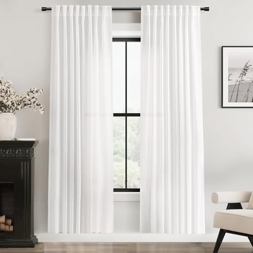 White Linen Curtains 72 inch Long 2 Panel Set for Living Room Back Tab Semi Sheer Light Filtering Bedroom Window Curtain 72 inch Length Cotton Textured Modern Elegant Coastal Drapes 60x72 (White / 60"W x 72"L (Pack of 2))