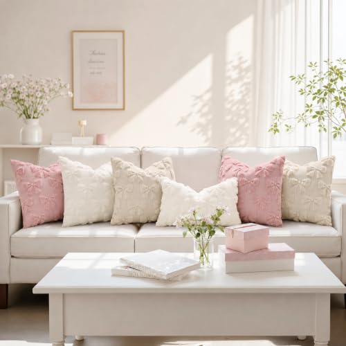 Pink Bow Cute Girl Faux Fur Throw Pillow Covers 16x16 Set of 2 (Pink Bow / 16" x 16" (Pack of 2))