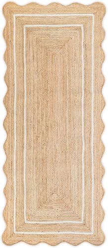 Scalloped Natural Jute Rug Easy Clean Durable Handwoven Rug for Living Room (Off-white / 2' x 10' (Runner))
