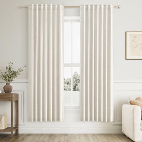 100% Blackout Linen Curtains for Bedroom 76 Inches Long Natural Cream Black Out Curtain Back Tab Thermal Insulated Room Darkening Window Drapes for Living Room 2 Panels Beige Ivory 52x76 (Cream / 52"W x 76"L (Pack of 2))