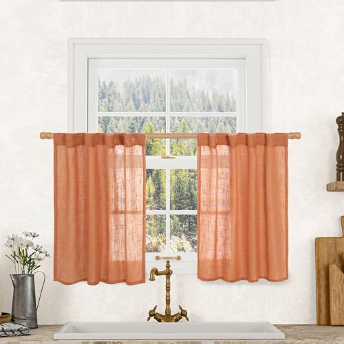 36 Inch Length Linen Semi Sheer Curtains for Small Windows 2 Panels (Burnt Orange / 34"W x 36"L (Pack of 2))