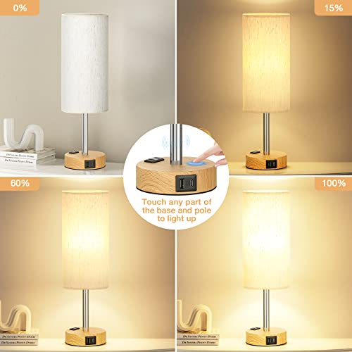 Bedside Table Lamp for Bedroom (Cream Shade-Wood Base / 14")