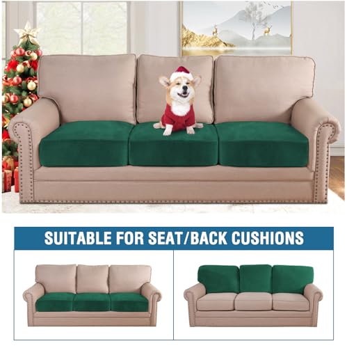 Velvet Stretch Couch Cushion Cover Plush Cushion Slipcover Cushion Furniture Protector Seat Cushion Sofa Cover (Green / 3 Cushion XL Sofa)