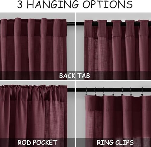 Burgundy Linen Curtains 80 Inch Length for Living Room Light Filtering Semi Sheer Curtain Back Tab Vintage Boho Decor Elegant Luxury Drapes for Bedroom Dinner Room 52x80 (52"W x 80"L (Pack of 2) / Burgundy)