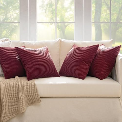 Soft Corduroy Decorative Throw Pillow Covers Burgundy 18x18 (18" x 18" (Pack of 4) / Burgundy)