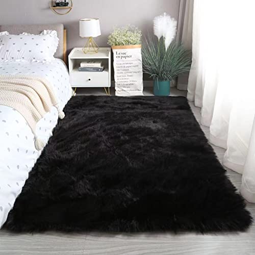 Faux Fur Rug Black Sheepskin Area Rug (Black / 4' x 6' (Rectangular))
