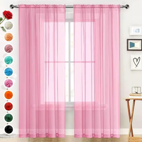 Basic Rod Pocket Sheer Voile Window Curtain Panels Pink 1 Pair 2 Panels 52 Width 108 Inch Long for Kitchen Bedroom Children Living Room Yard（Pink (Pink / 52"W x 108"L (Pack of 2))
