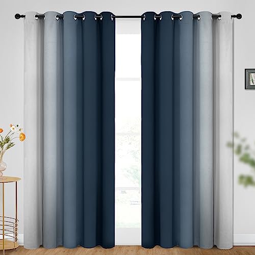 Ombre Navy Blue to Grey White Curtains for Living Room 62Wx84L (62"W x 84"L (Pack of 2) / Navy Blue)