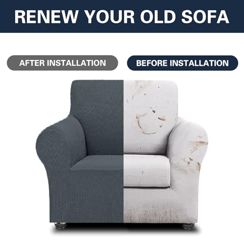 2026 New Stretch Chair Sofa Slipcovers Couch Cover for 1 Seater Furniture Protector Sofa Covers with Elastic Bottom Jacquard Fabric Small Checks for Pets (Grey / Chair)