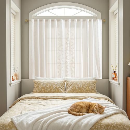 White Floral Linen Kitchen Tier Curtains 50x45 Inch 2 Panels (A| Off White / 50"W x 45"L (Pack of 2))