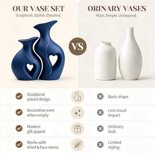 Heart Flower Vase Modern Elegant Luxury Ceramic Vases (Navy Blue)