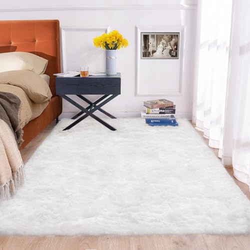 White Rugs for Living Room 6x9 Area Rugs for Bedroom Large Washable Faux Sheepskin Fluffy Fur Rug Nursery Rugs Room Décor (6' x 9' (Rectangular) / White)