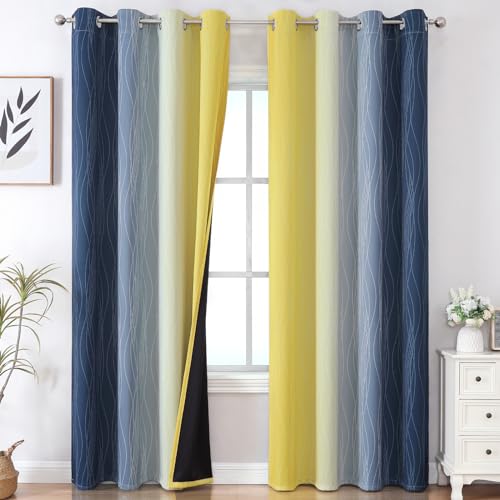 Navy Blue and Yellow Ombre Blackout Curtains for Living Room 102 Inch Long (Navy Blue and Yellow / 52"W x 102"L (Pack of 2))