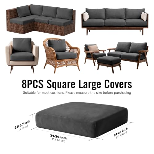 8Pcs Outdoor Cushion Covers (Medium-grey / Square-large + Square)